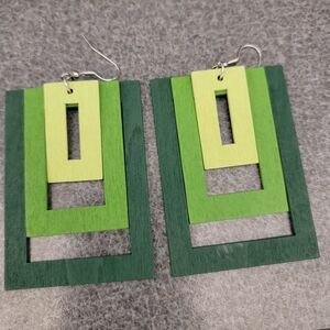 Layered Green Rectangular Wood Earrings